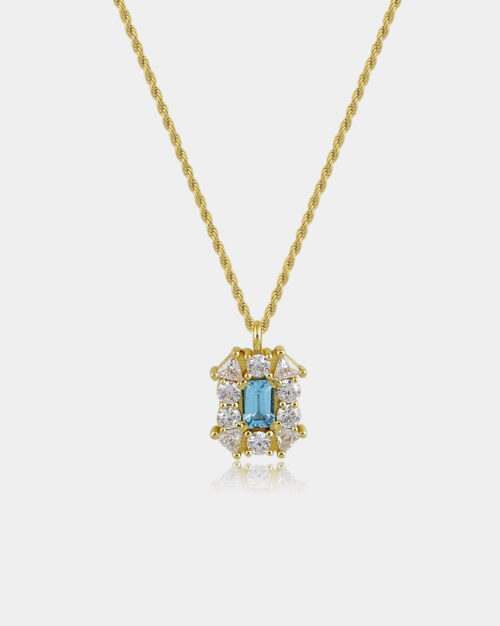 κολιέ ροζέτα με πέτρα swiss blue topaz και λευκές πέτρες zircon από ασήμι 925 σε χρυσό vermeil 14k