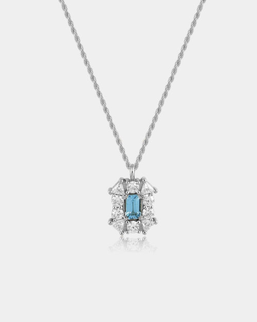 κολιέ ροζέτα με πέτρα swiss blue topaz και λευκές πέτρες zircon από ασήμι 925