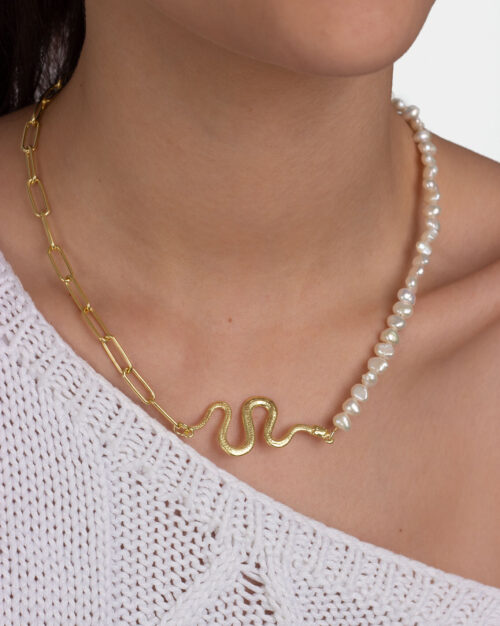 Snake X Pearls Necklace Gold Vermeil