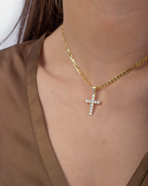 Pave Cross Rounded Necklace Gold Vermeil