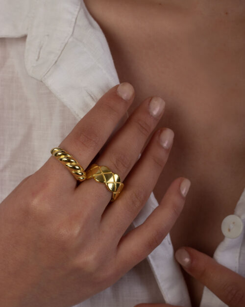 Crossy Flower Ring in combination with Croissant ring in Gold Vermeil