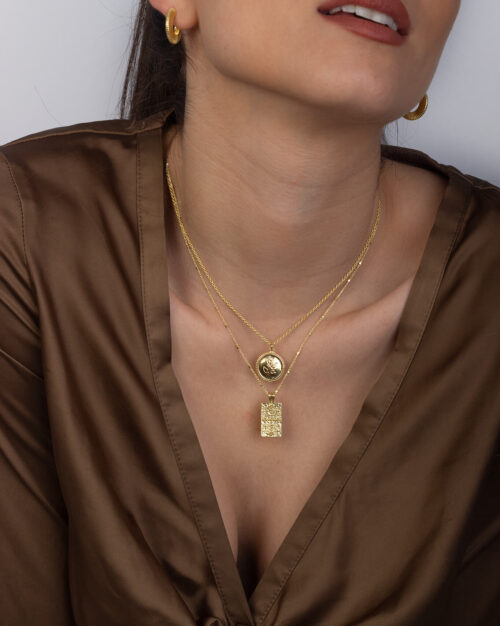 Byzantine Konstantinato Rectangle Necklace in combination with rose necklace at gold vermeil