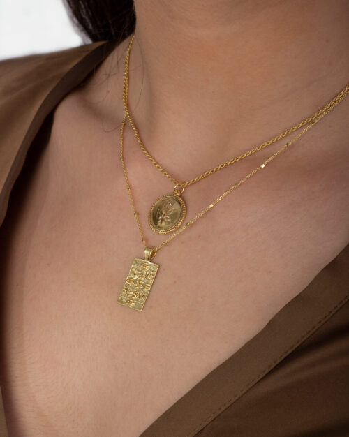 Byzantine Konstantinato Rectangle Necklace in combination with rose necklace at gold vermeil