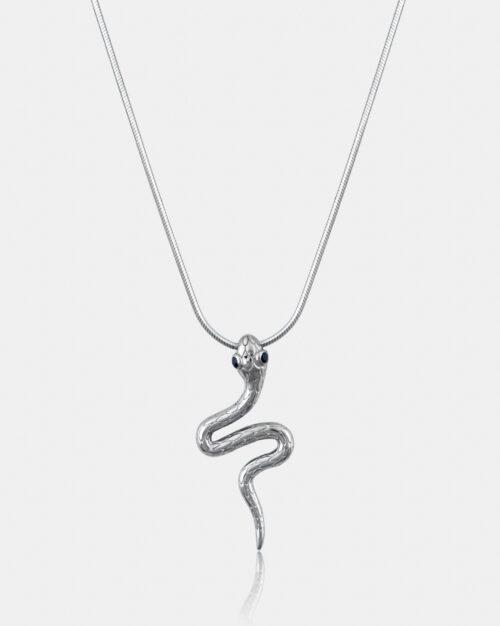 Black Spinel Snake Necklace made from platinum plated streling silver with black spinel stones