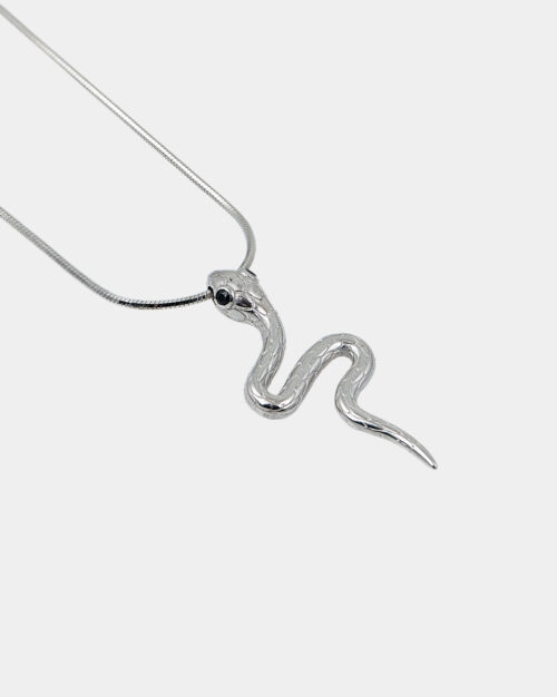 Black Spinel Snake Necklace made from platinum plated streling silver with black spinel stones