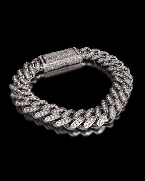 Cuban Link Iced Out Chain Bracelet White Gold with white zircon or moissanites made from solid 14k white gold or platinum plated sterling silver