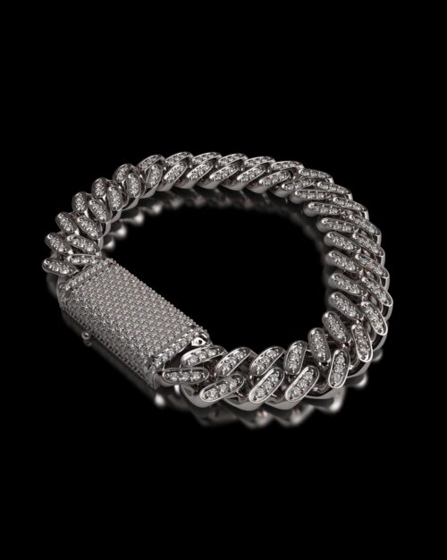 Cuban Link Iced Out Chain Bracelet White Gold with white zircon or moissanites made from solid 14k white gold or platinum plated sterling silver