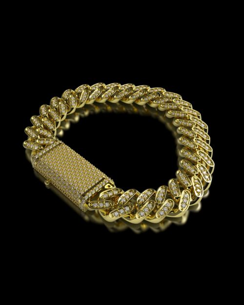 Cuban Link Iced Out Chain Bracelet Gold with white zircon or moissanites made from solid 14k white gold or vermeil gold plated sterling silver
