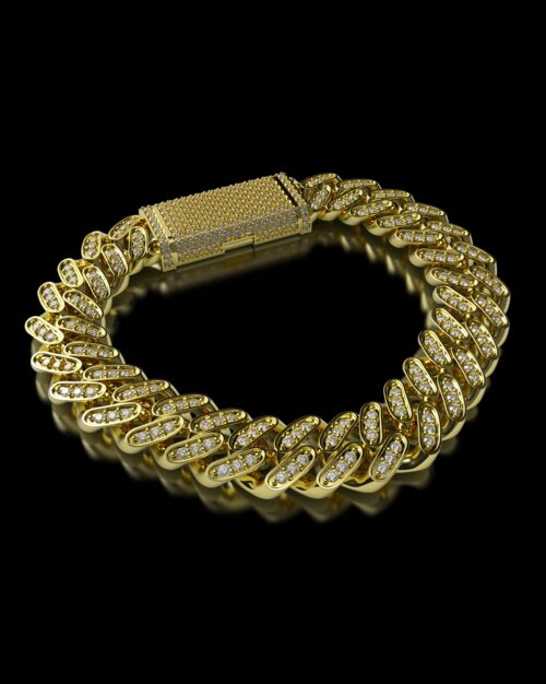 Cuban Link Iced Out Chain Bracelet Gold with white zircon or moissanites made from solid 14k white gold or vermeil gold plated sterling silver