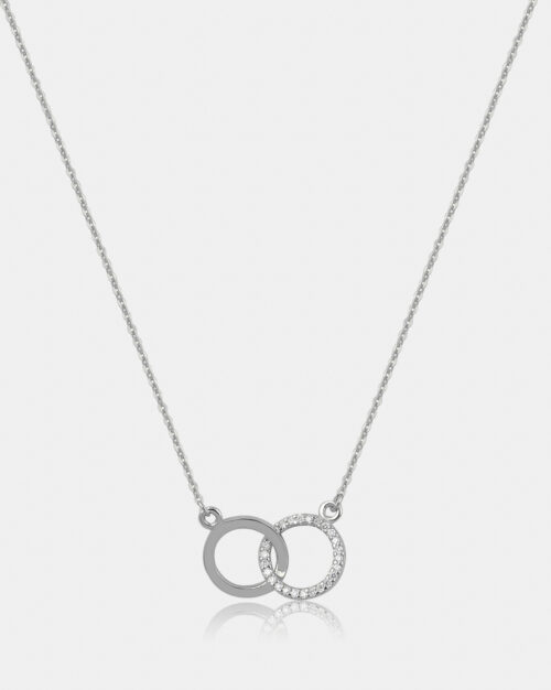 Duo Circles Diamond Necklace Gold with one circle at glossy finish and the other circle with pave diamonds g colour vs1 clarity made from white gold k14