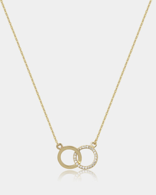 Duo Circles Diamond Necklace Gold with one circle at glossy finish and the other circle with pave diamonds g colour vs1 clarity made from yellow gold k14