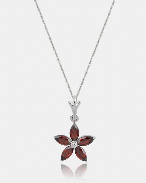 Garnet Flower Necklace Gold along with thin gold 14k chain and made from 14k solid white gold