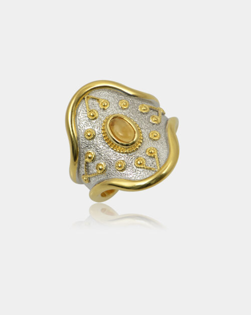 Byzantine Filigree Oval Citrine Ring White n' Gold