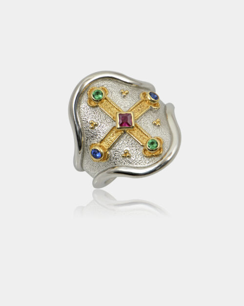 Byzantine Filigree Oval Cross Ring White n' Gold