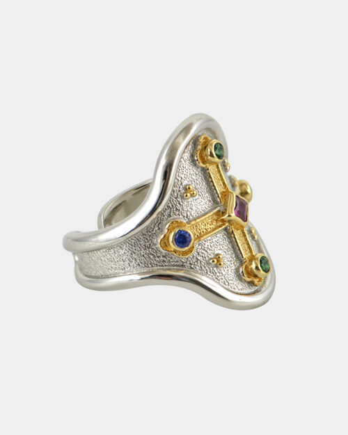 Byzantine Filigree Oval Cross Ring White n' Gold