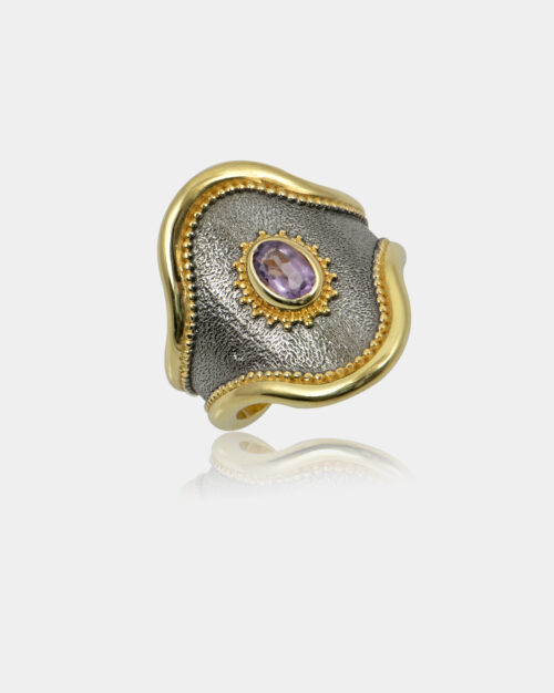 Byzantine Filigree Oval Amethyst Ring Black n' Gold