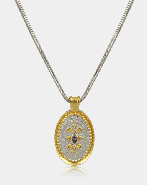 Byzantine Oval Filigree Amethyst Necklace White n' Gold