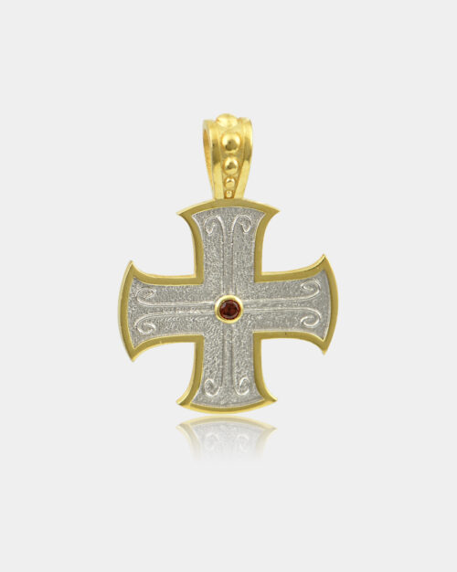 Byzantine Cross Small Garnet Necklace White n' Gold