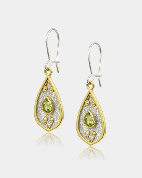 Byzantine Pear Peridot Earrings White n' Gold