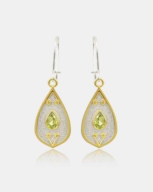 Byzantine Pear Peridot Earrings White n' Gold