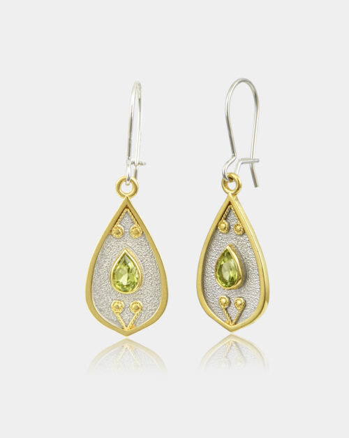 Byzantine Pear Peridot Earrings White n' Gold